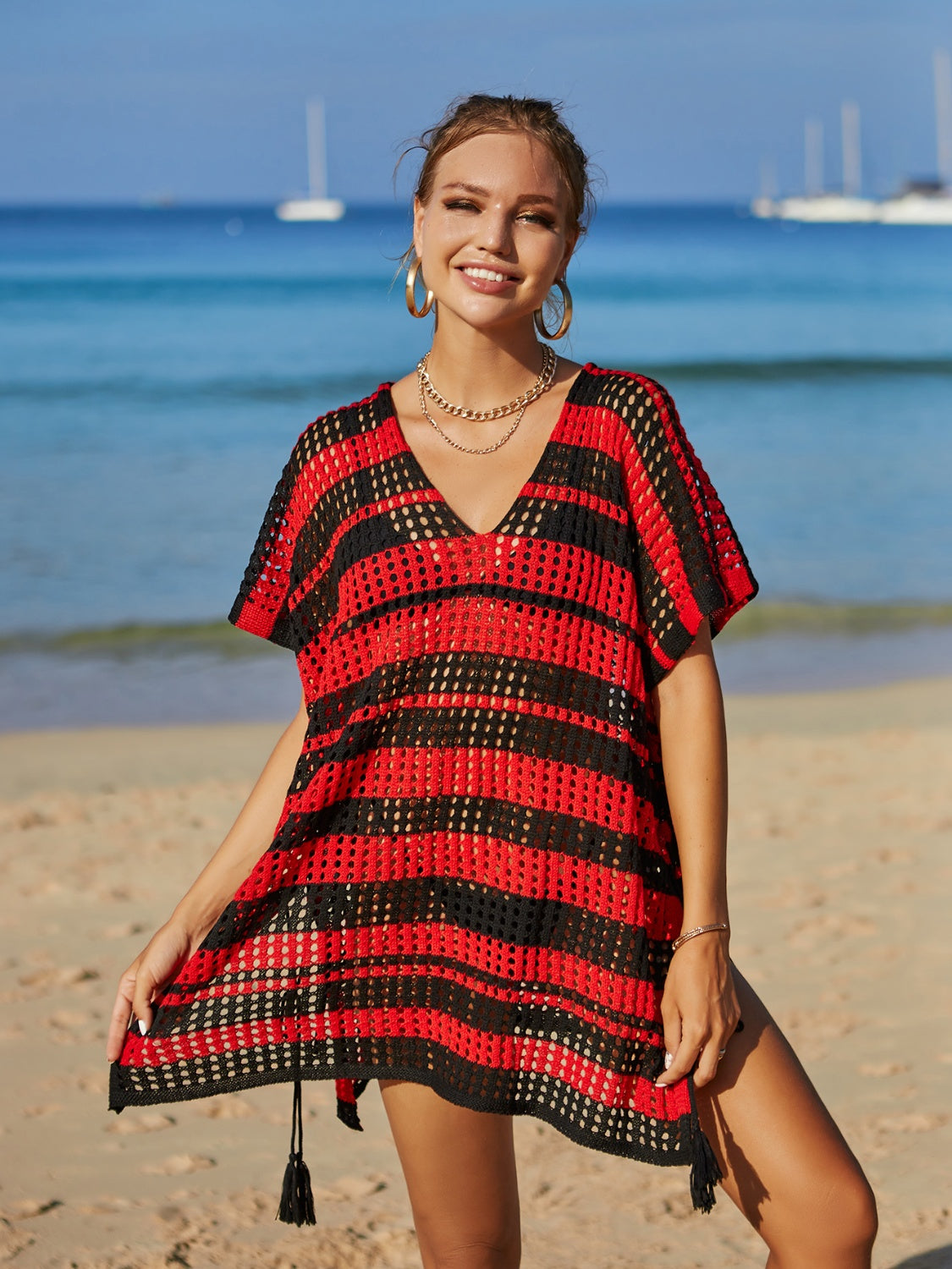 Tassel Openwork Striped V-Neck Cover Up - Siennasass