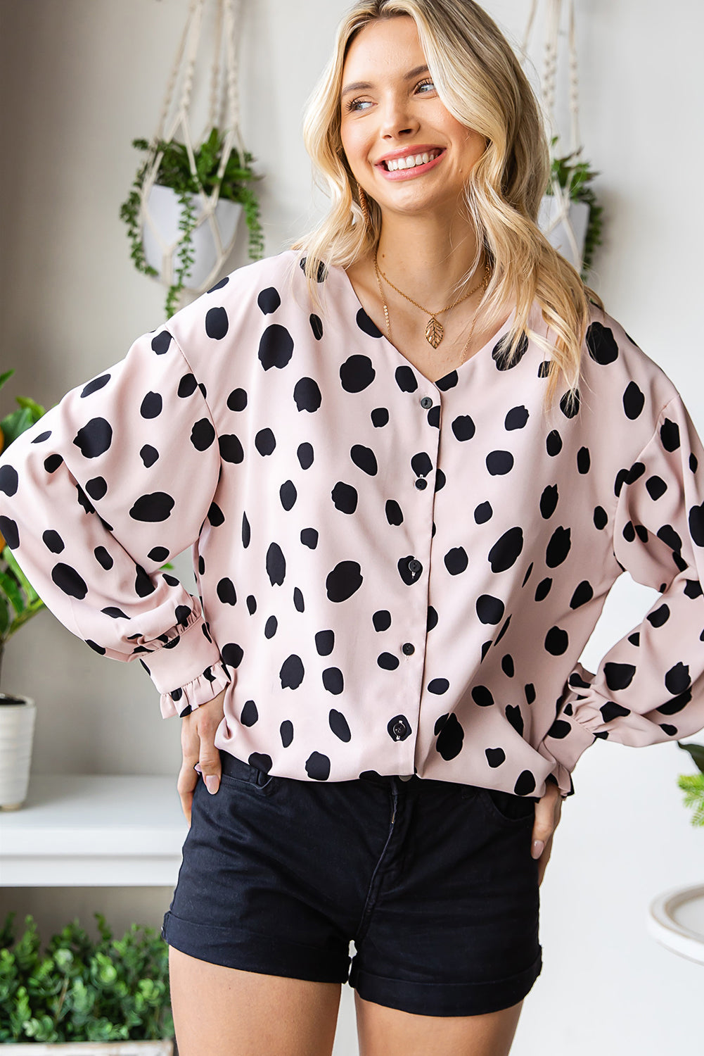 Printed Button Up Flounce Sleeve Shirt - Siennasass