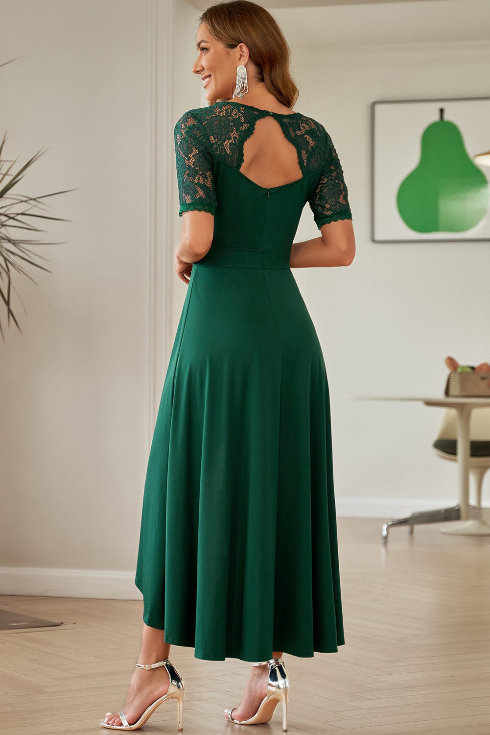Lace Cutout V-Neck Short Sleeve Dress - Siennasass
