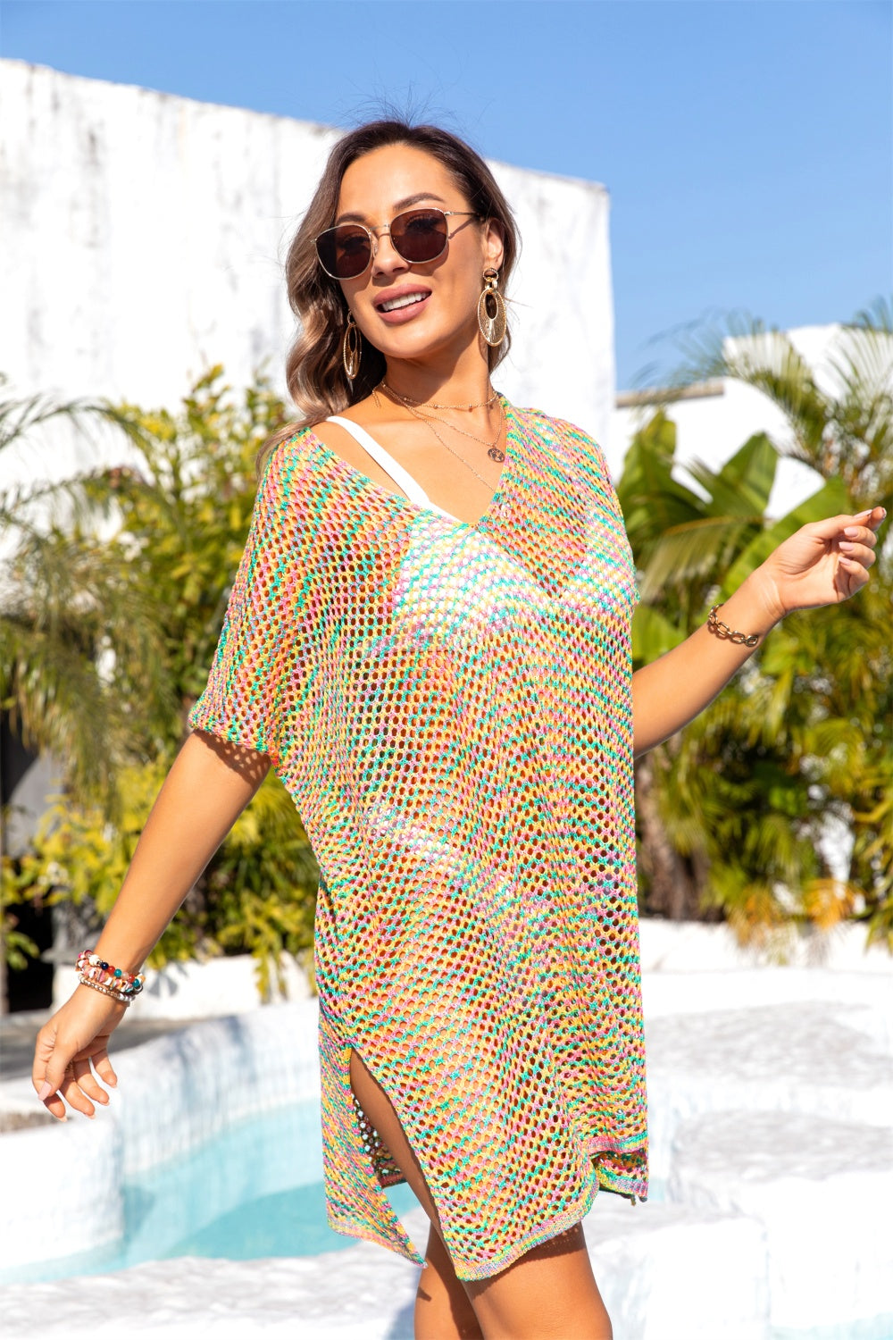 Slit Openwork V-Neck Short Sleeve Cover Up - Siennasass