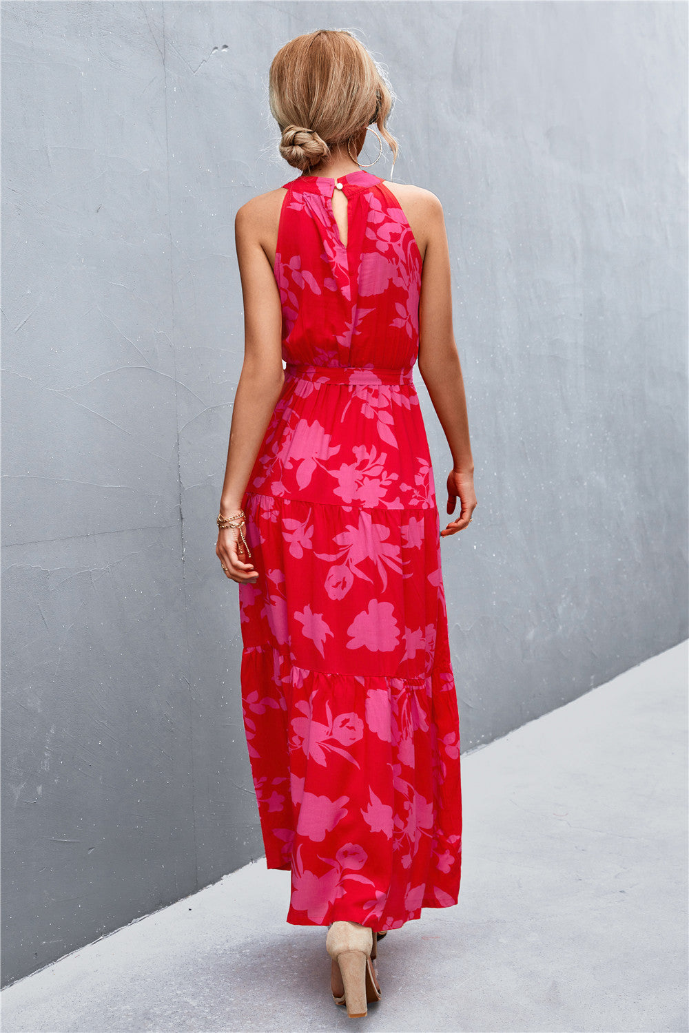 Printed Sleeveless Tie Waist Maxi Dress - Siennasass