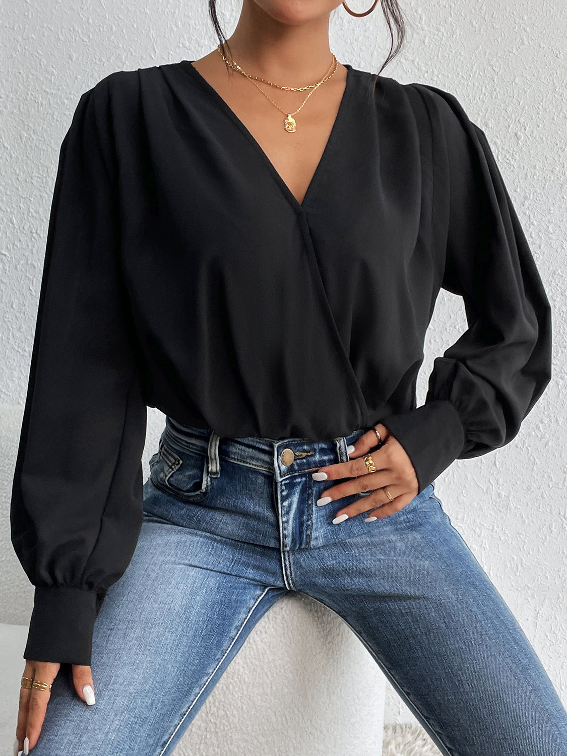Surplice Ruched Long Sleeve Bodysuit - Siennasass