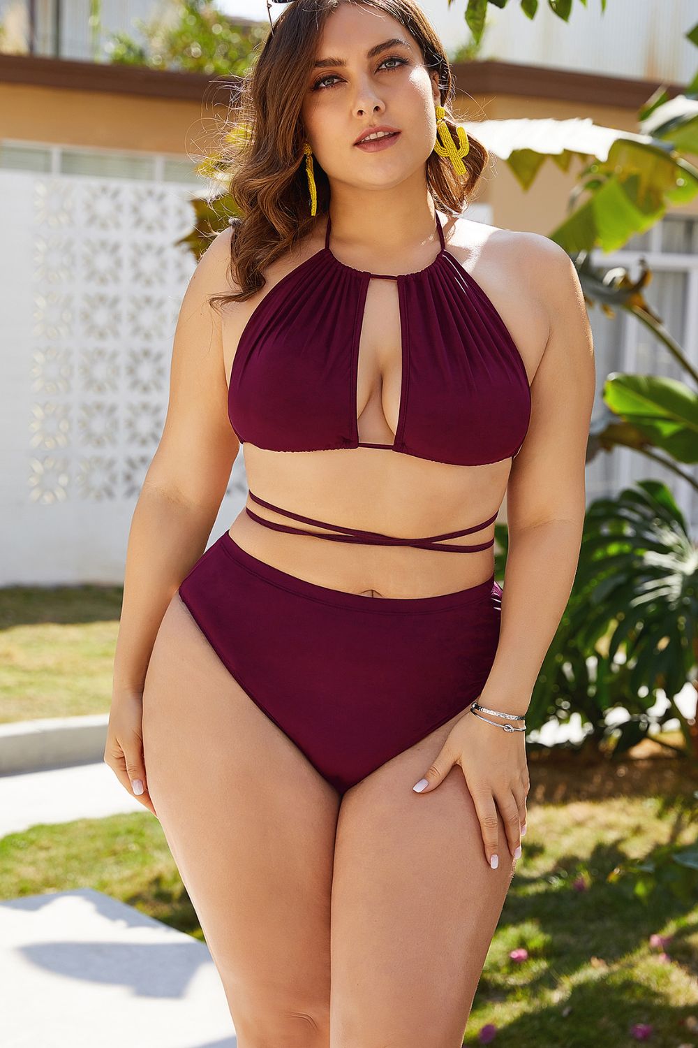 Plus Size Cutout Tied Backless Bikini Set - Siennasass