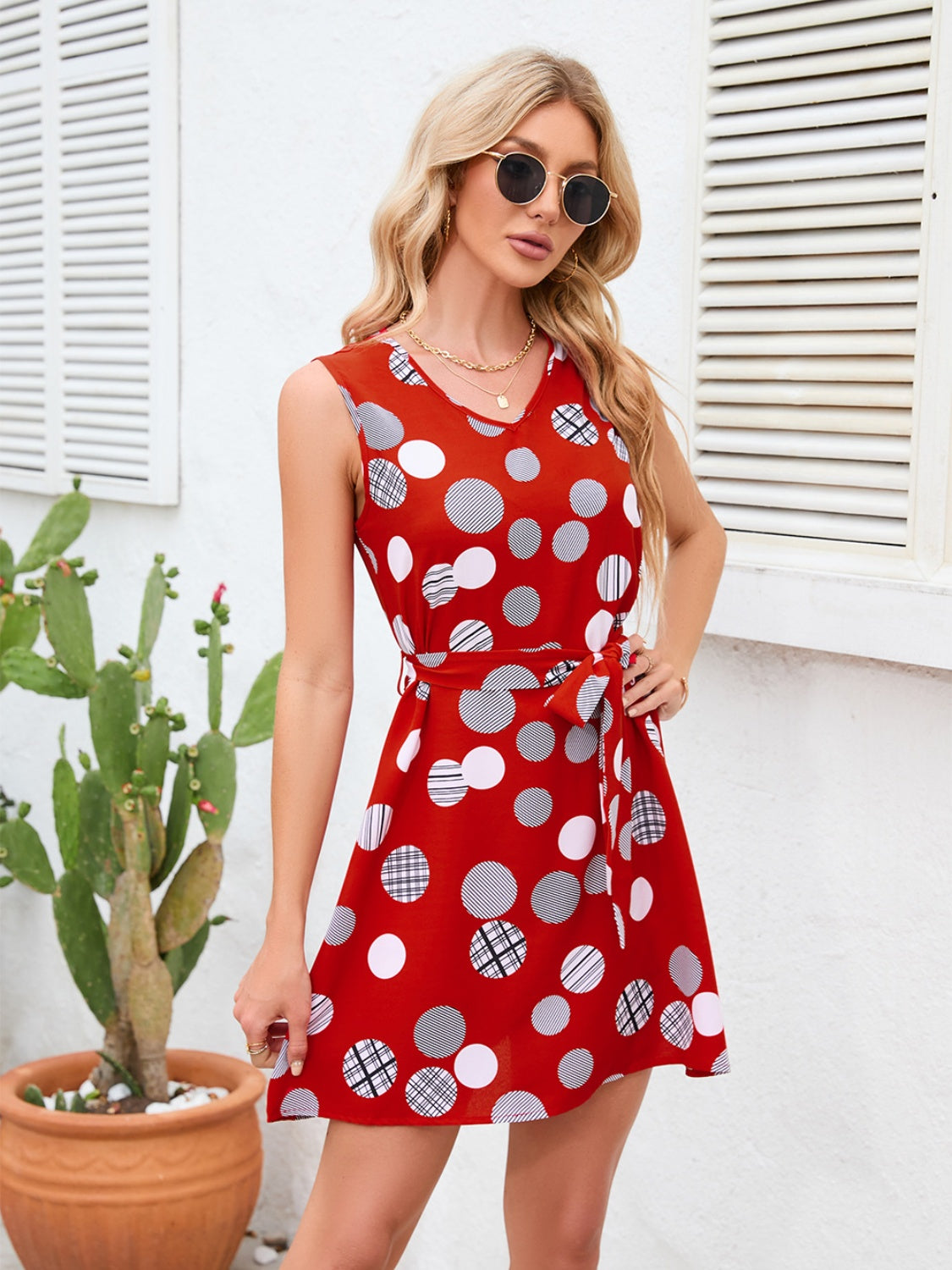 Tied Polka Dot V-Neck Dress - Siennasass