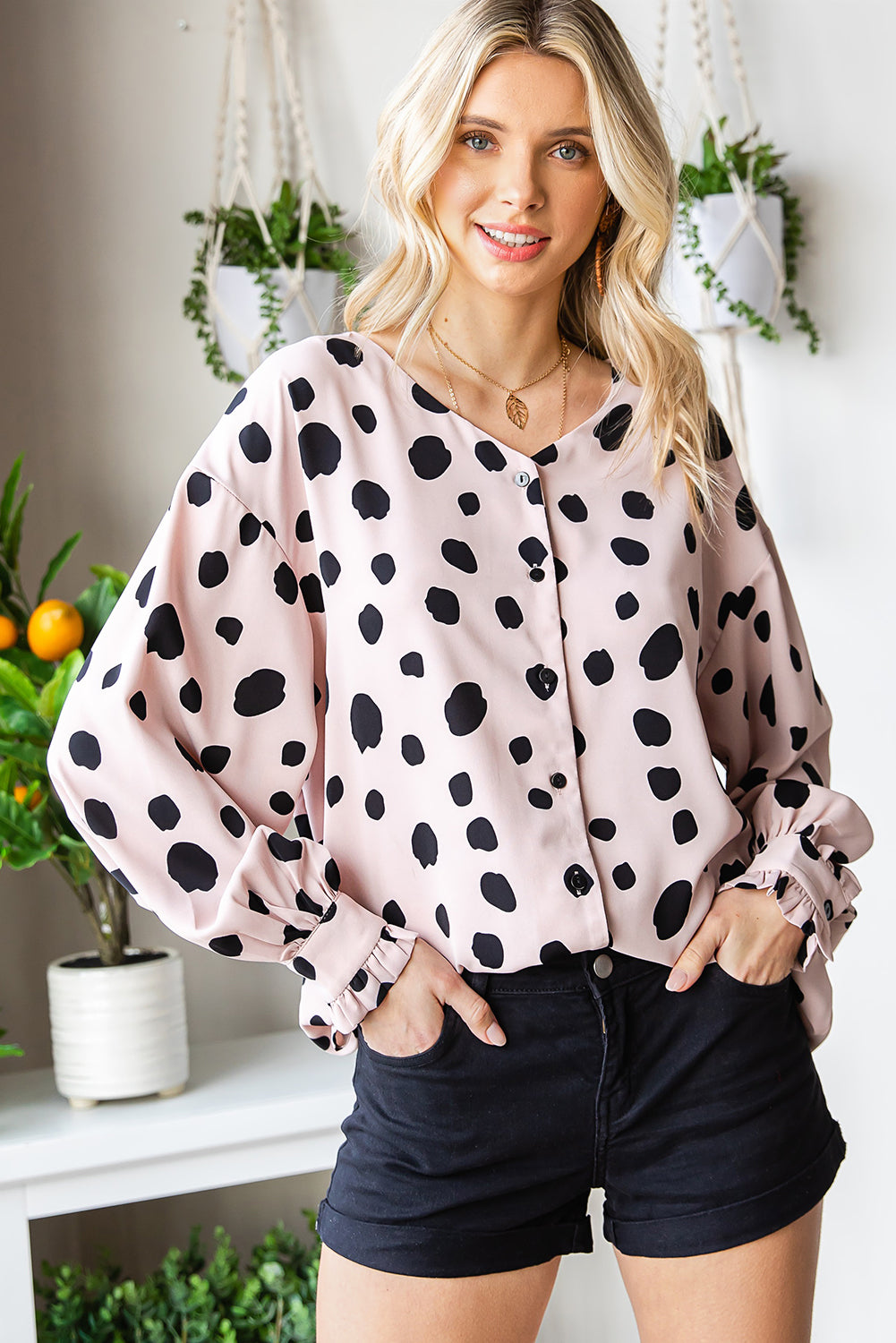 Printed Button Up Flounce Sleeve Shirt - Siennasass