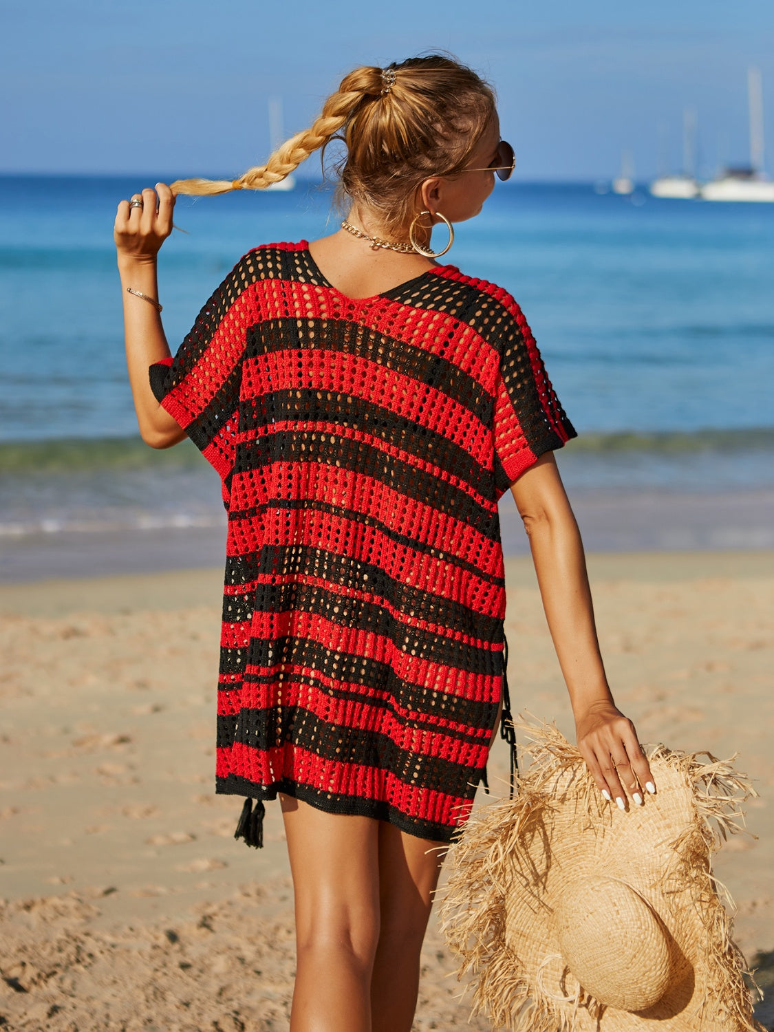 Tassel Openwork Striped V-Neck Cover Up - Siennasass