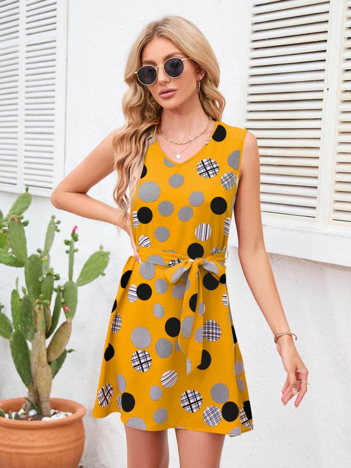 Tied Polka Dot V-Neck Dress - Siennasass