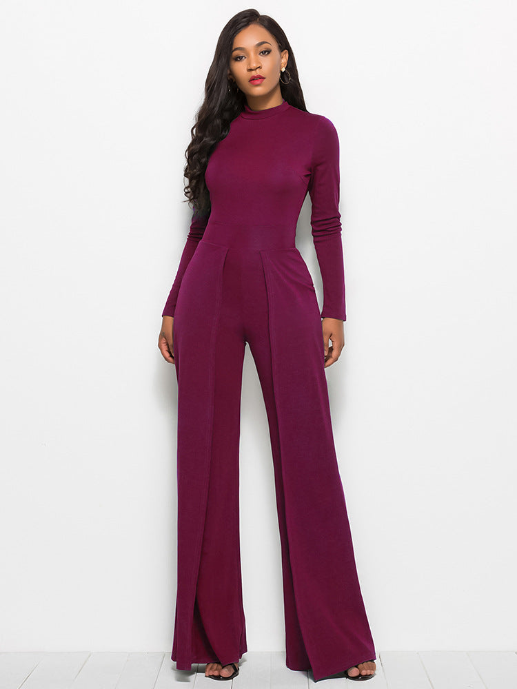 Long Sleeve Mock Neck Wide Leg Jumpsuit - Siennasass