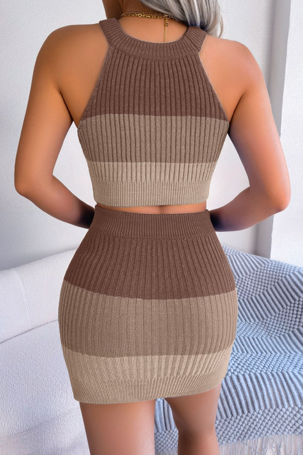 Color Block Sleeveless Crop Knit Top and Skirt Set - Siennasass