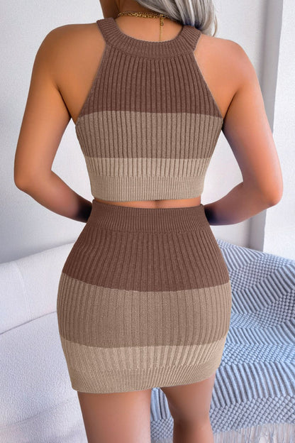 Color Block Sleeveless Crop Knit Top and Skirt Set - Siennasass