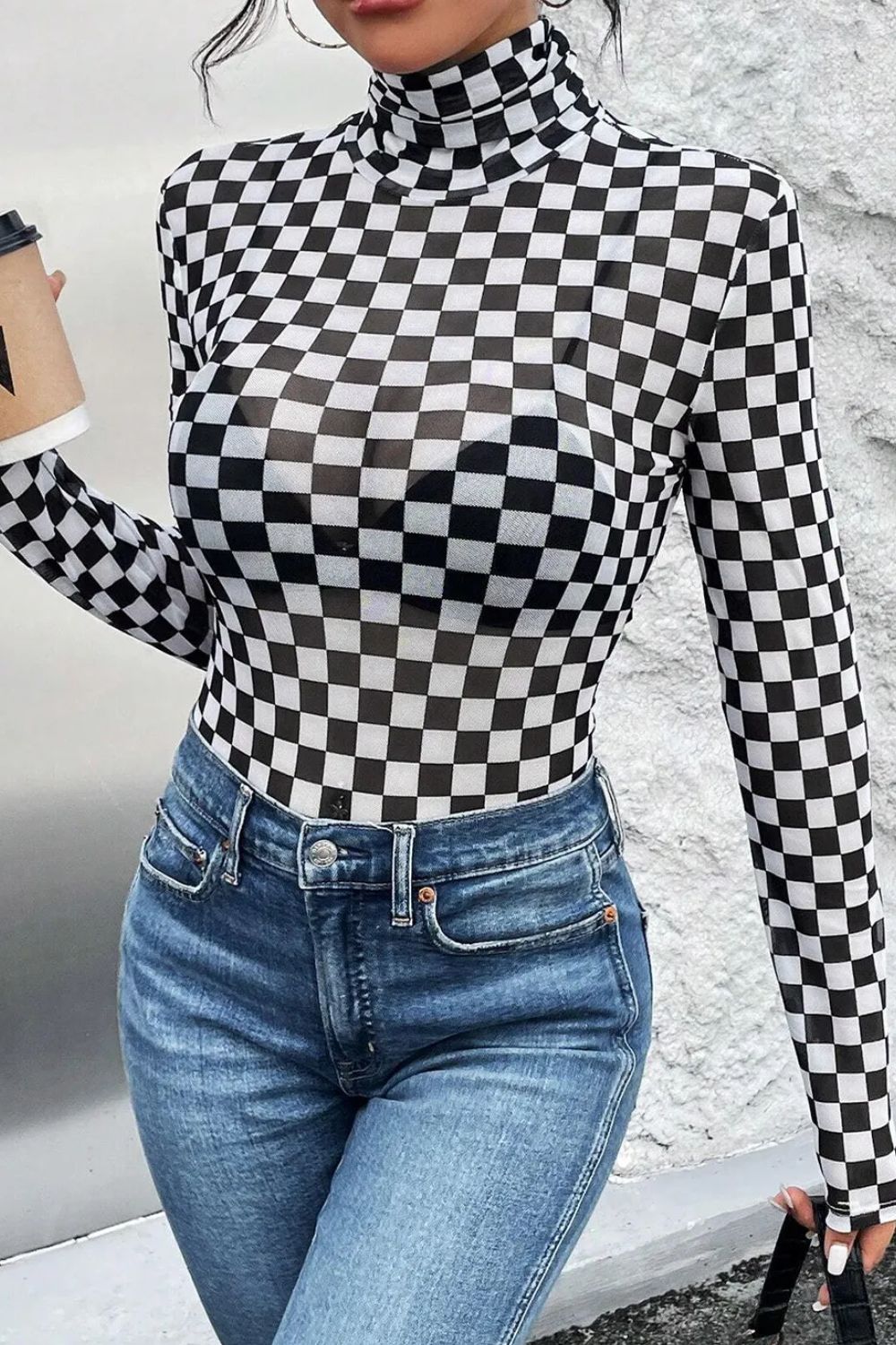 Checkered Turtleneck Long Sleeve Bodysuit - Siennasass