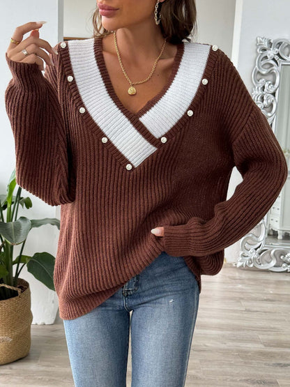 Contrast Trim Dropped Shoulder Long Sleeve Sweater - Siennasass