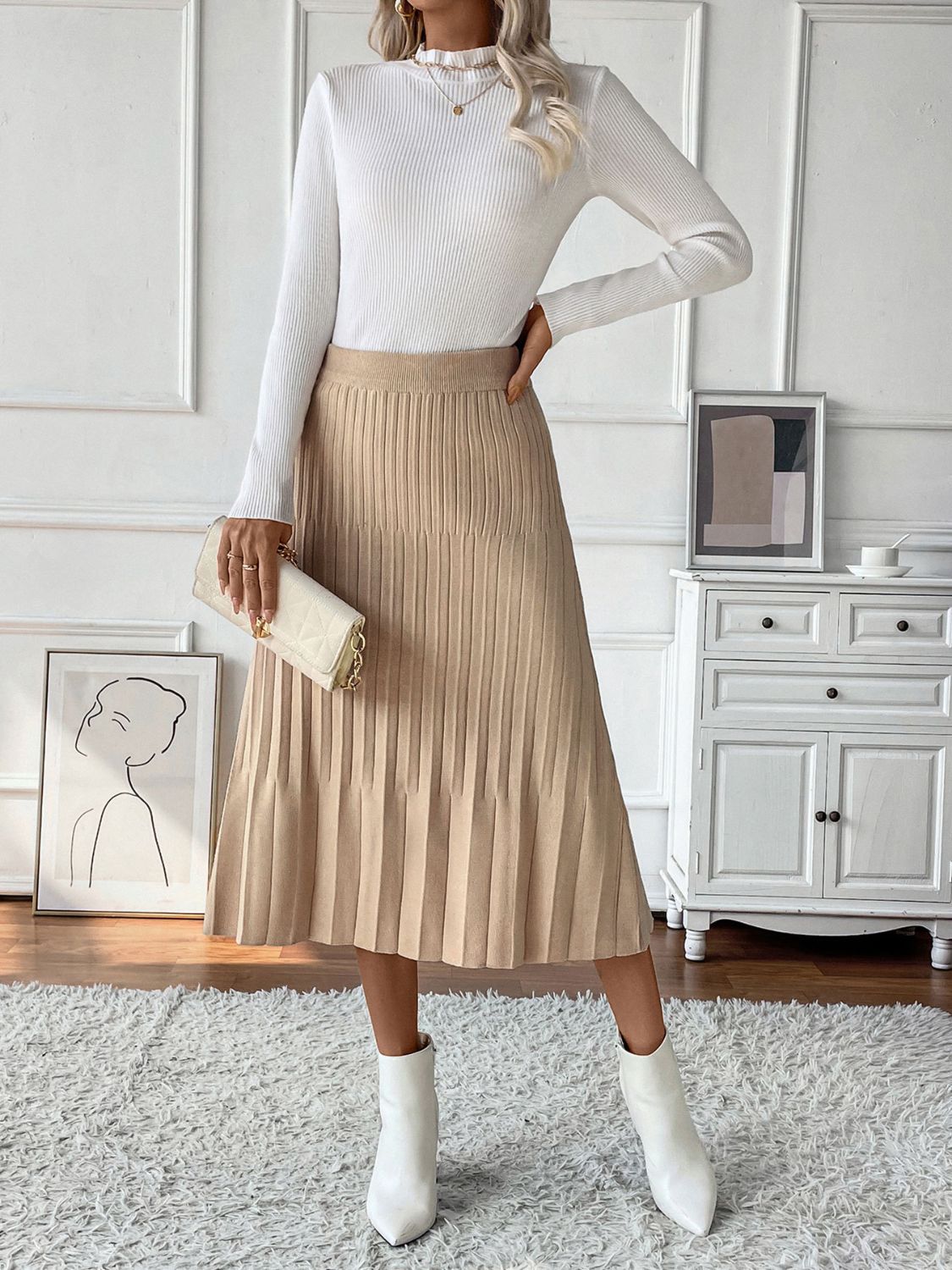 Perfee Pleated Midi Sweater Skirt - Siennasass