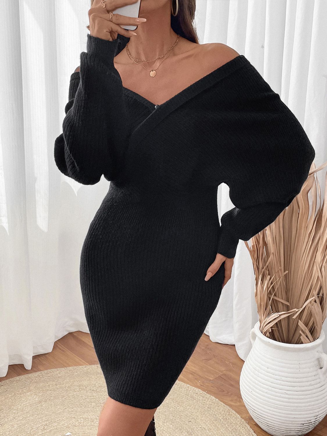 Perfee Surplice Long Sleeve Sweater Dress - Siennasass