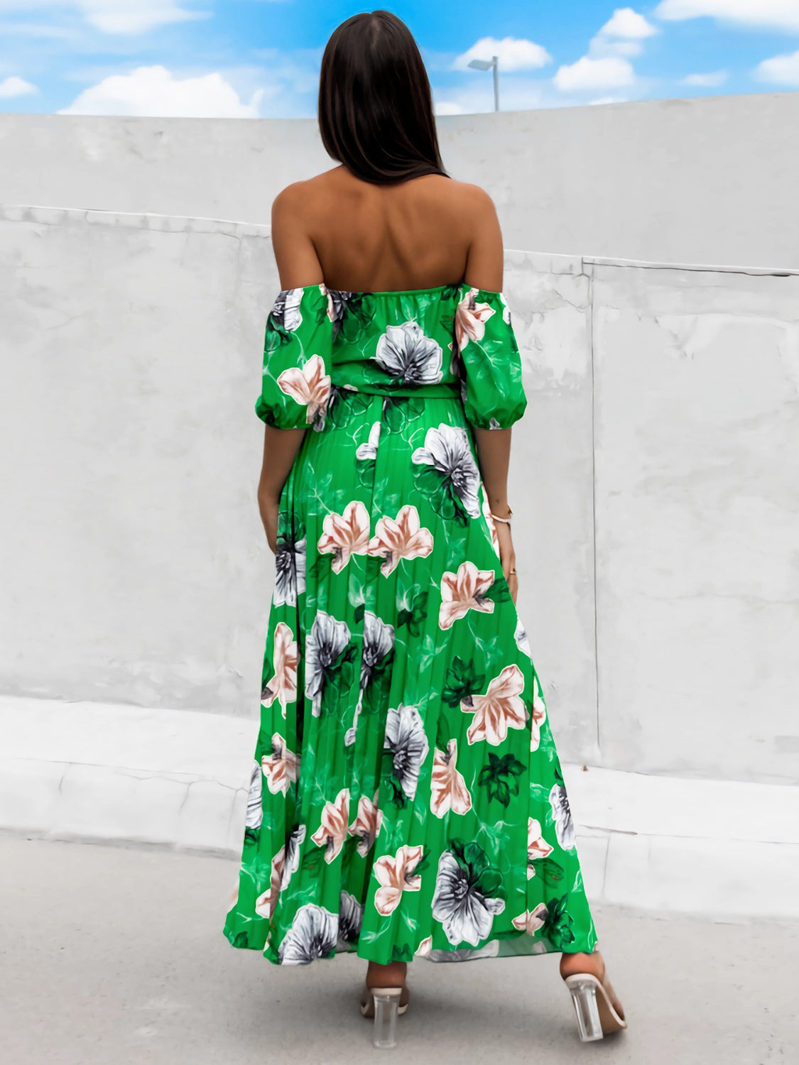 Pleated Floral Off-Shoulder Short Sleeve Midi Dress - Siennasass
