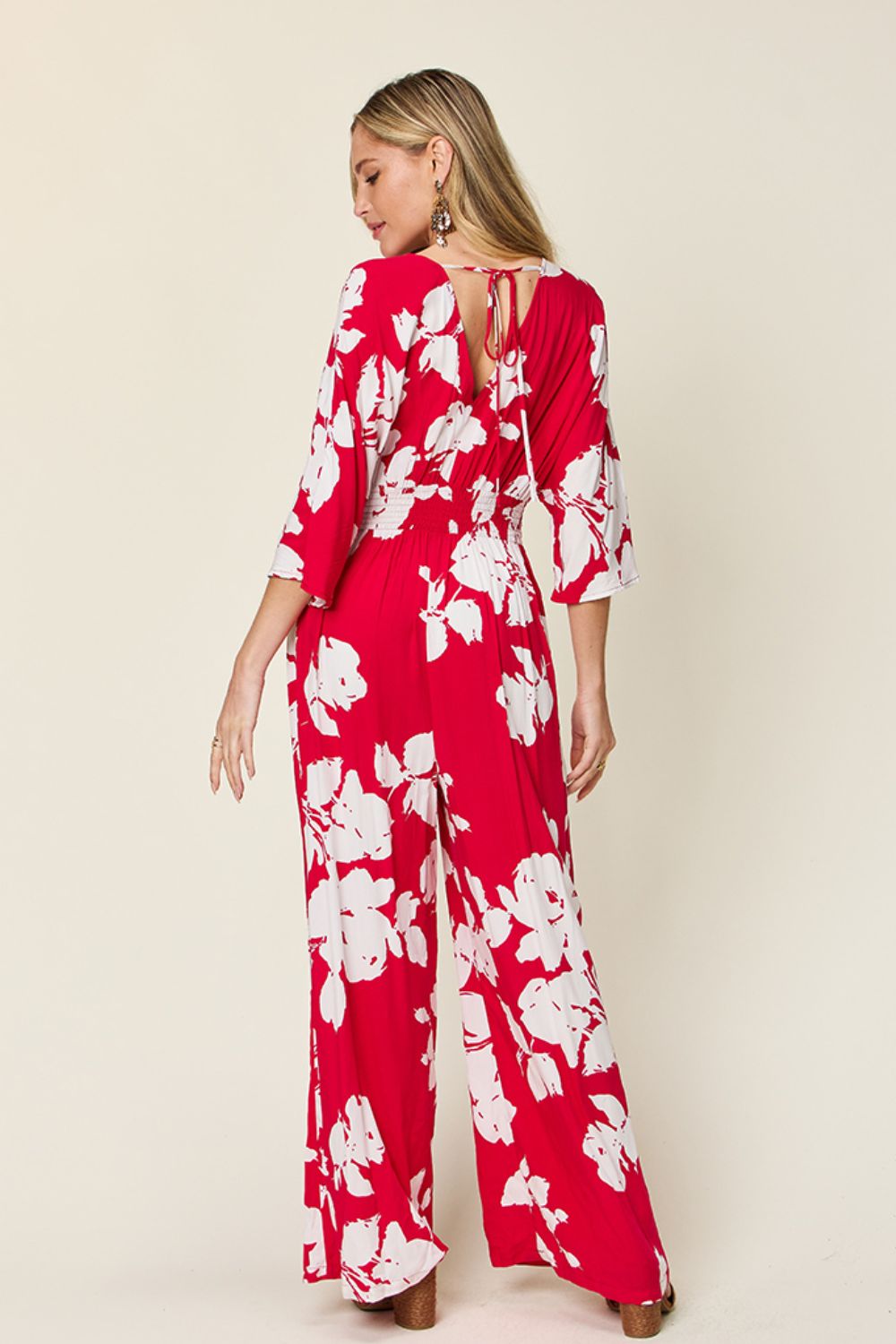 Double Take Full Size Printed Tie Back Wide Leg Jumpsuit - Siennasass