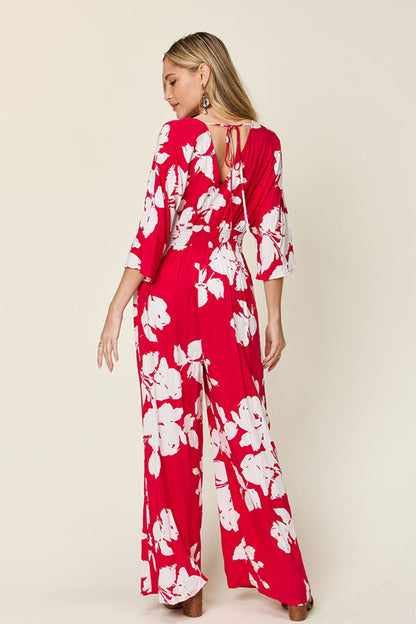 Double Take Full Size Printed Tie Back Wide Leg Jumpsuit - Siennasass