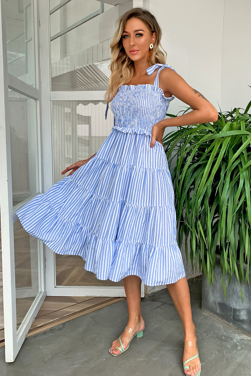 Striped Tie-Shoulder Tiered Dress - Siennasass