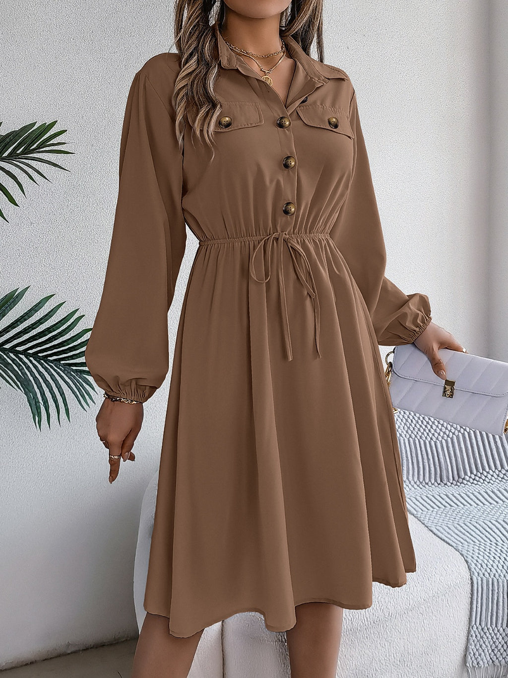 Collared Neck Long Sleeve Dress with Pockets - Siennasass