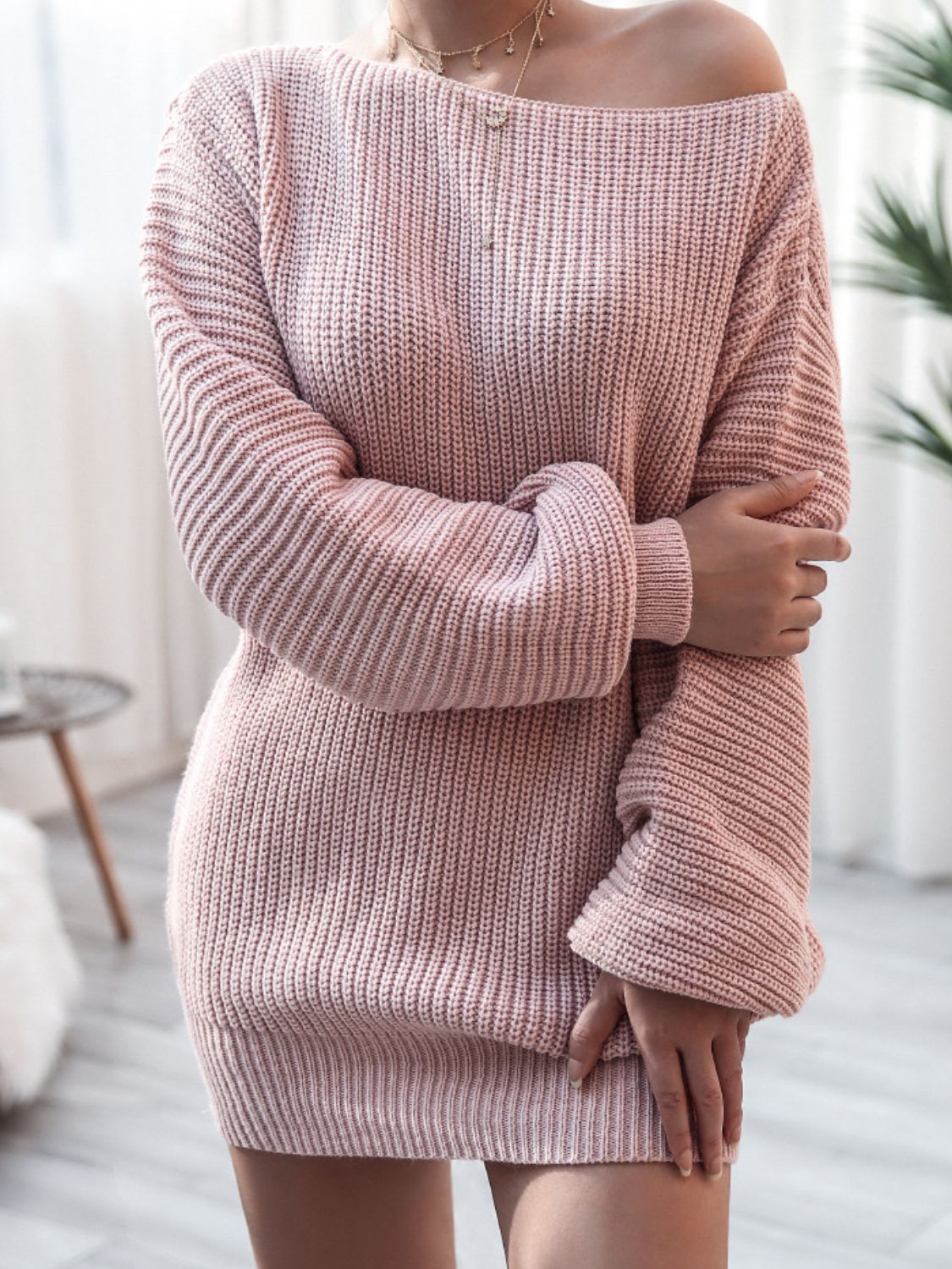 Balloon Sleeve Boat Neck Sweater Mini Dress - Siennasass