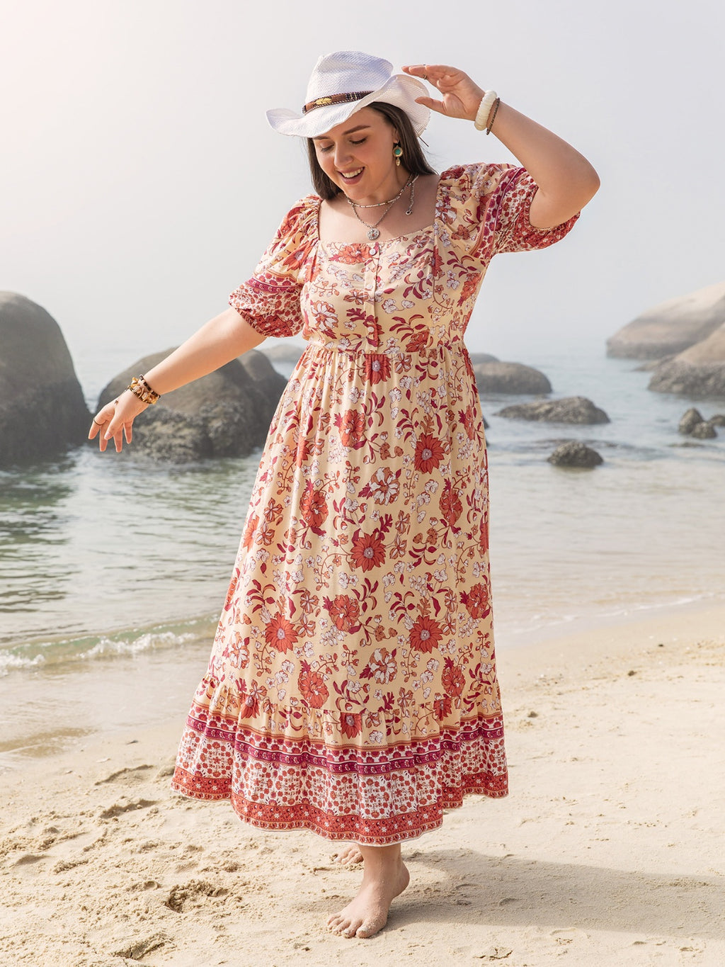 Plus Size Printed Square Neck Ruffle Hem Dress - Siennasass