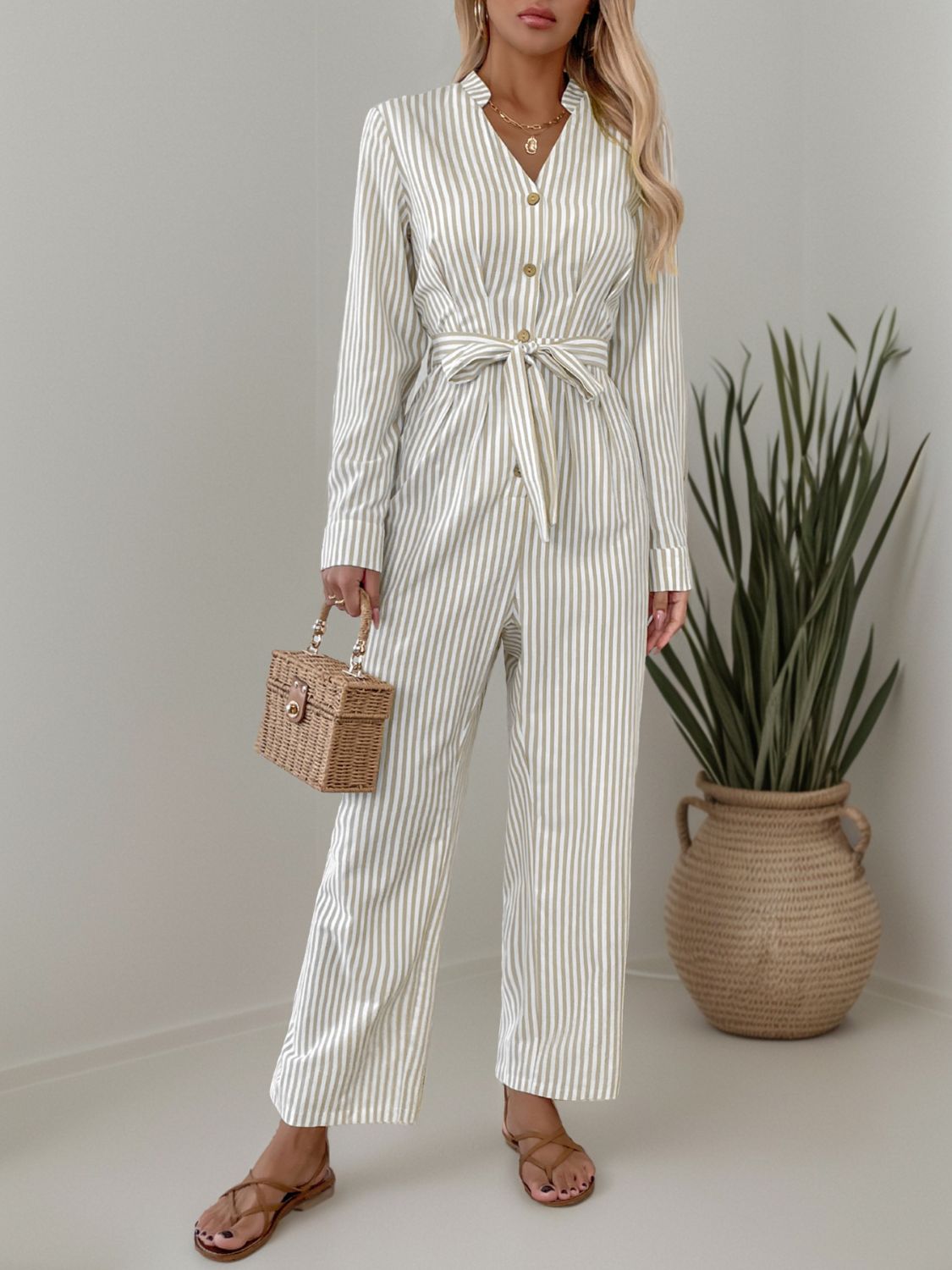 Striped Notched Long Sleeve Tie Waist Jumpsuit - Siennasass