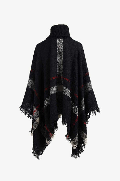 Plaid Turtleneck Raw Hem Poncho - Siennasass