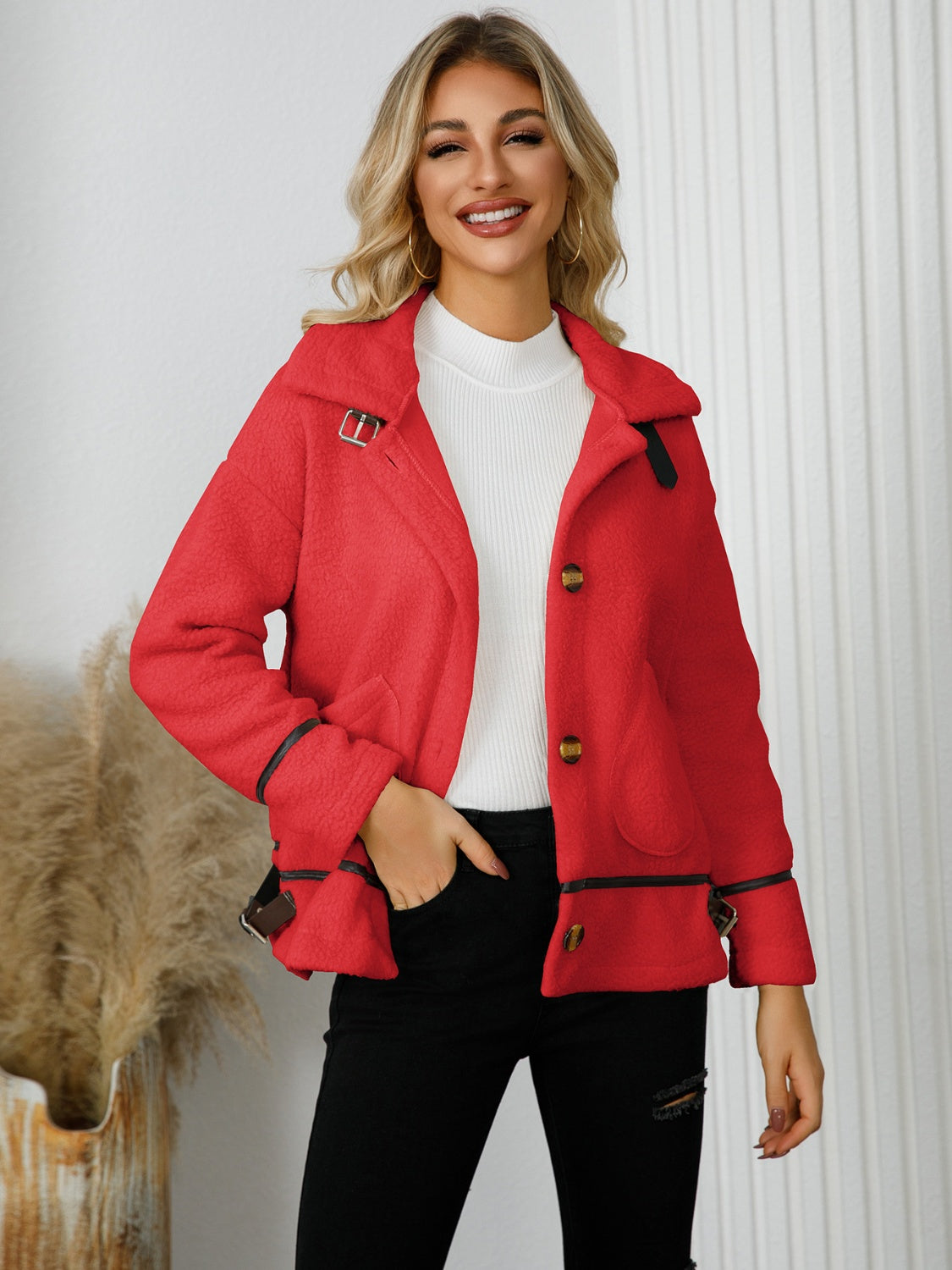 Pocketed Button Down Collared Neck Jacket - Siennasass