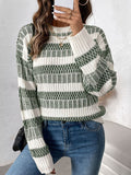 Perfee Contrast Round Neck Long Sleeve Sweater - Siennasass