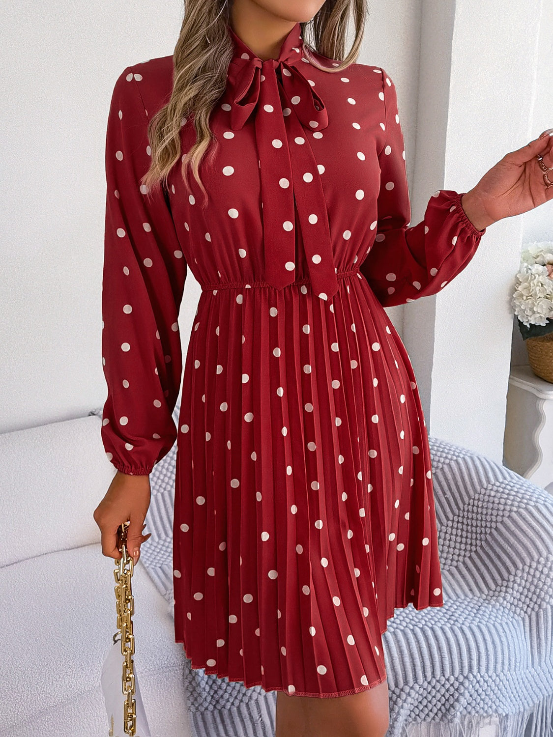 Polka Dot Tie Neck Pleated Dress - Siennasass