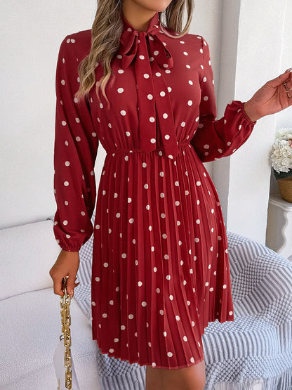Polka Dot Tie Neck Pleated Dress - Siennasass