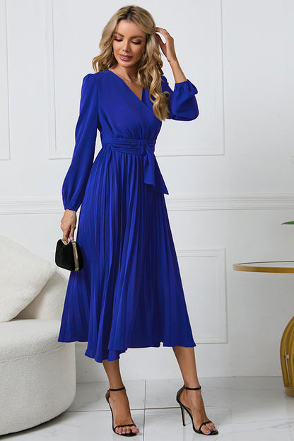 V-Neck Long Sleeve Tie Waist Midi Dress - Siennasass