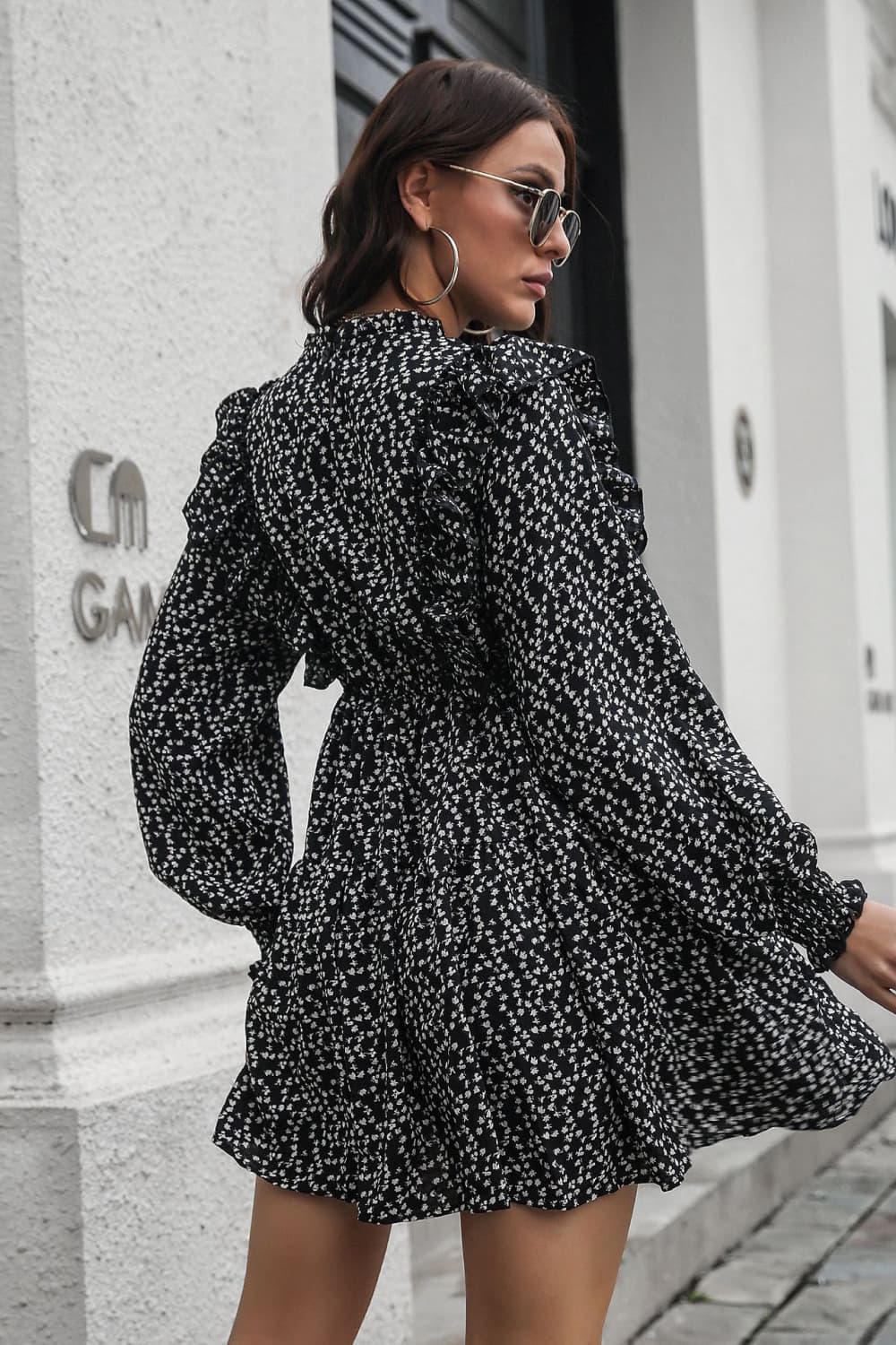 Printed Ruffle Trim Smocked Long Sleeve Mini Dress - Siennasass