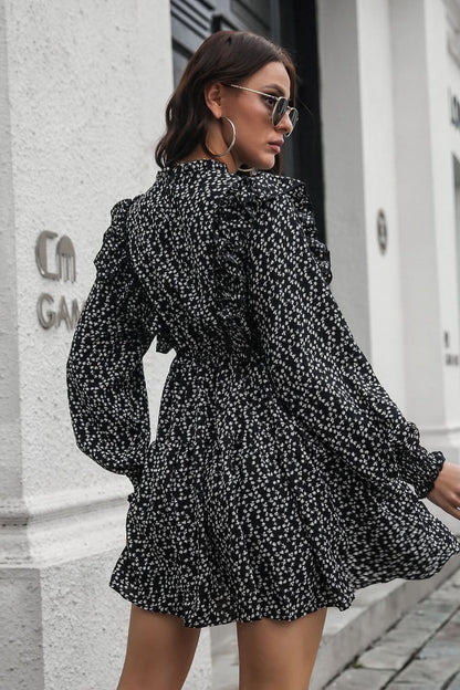 Printed Ruffle Trim Smocked Long Sleeve Mini Dress - Siennasass