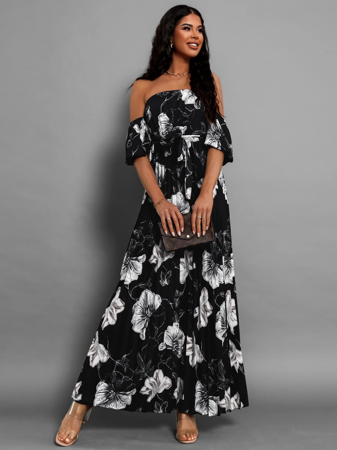 Pleated Floral Off-Shoulder Short Sleeve Midi Dress - Siennasass