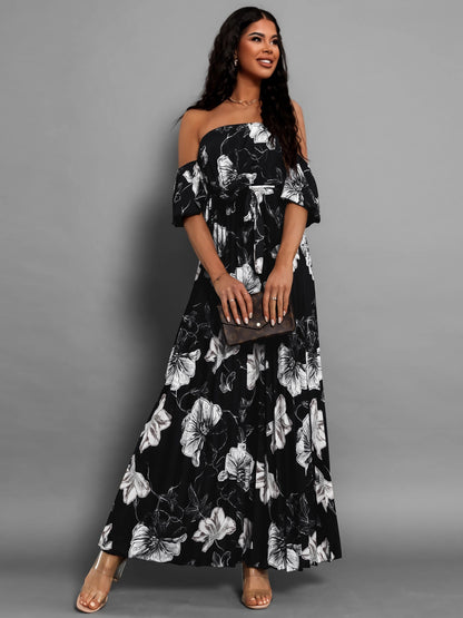 Pleated Floral Off-Shoulder Short Sleeve Midi Dress - Siennasass