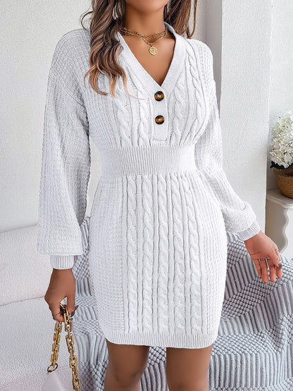 Buttoned Cable-Knit V-Neck Sweater Dress - Siennasass