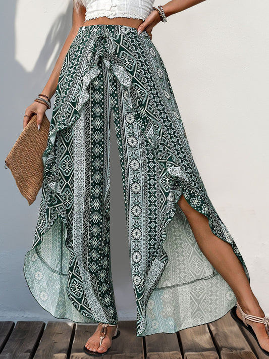 Slit Ruffled Geometric Wide Leg Pants - Siennasass