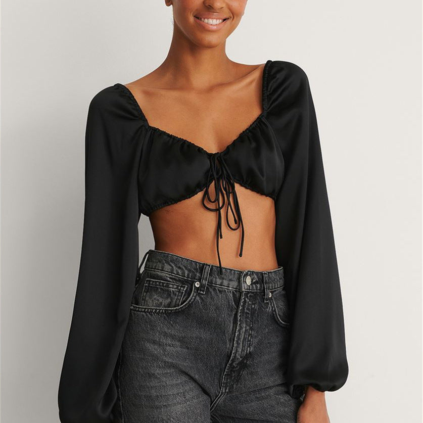 Long Sleeve V-Neck Cutout T-shirt Crop Top