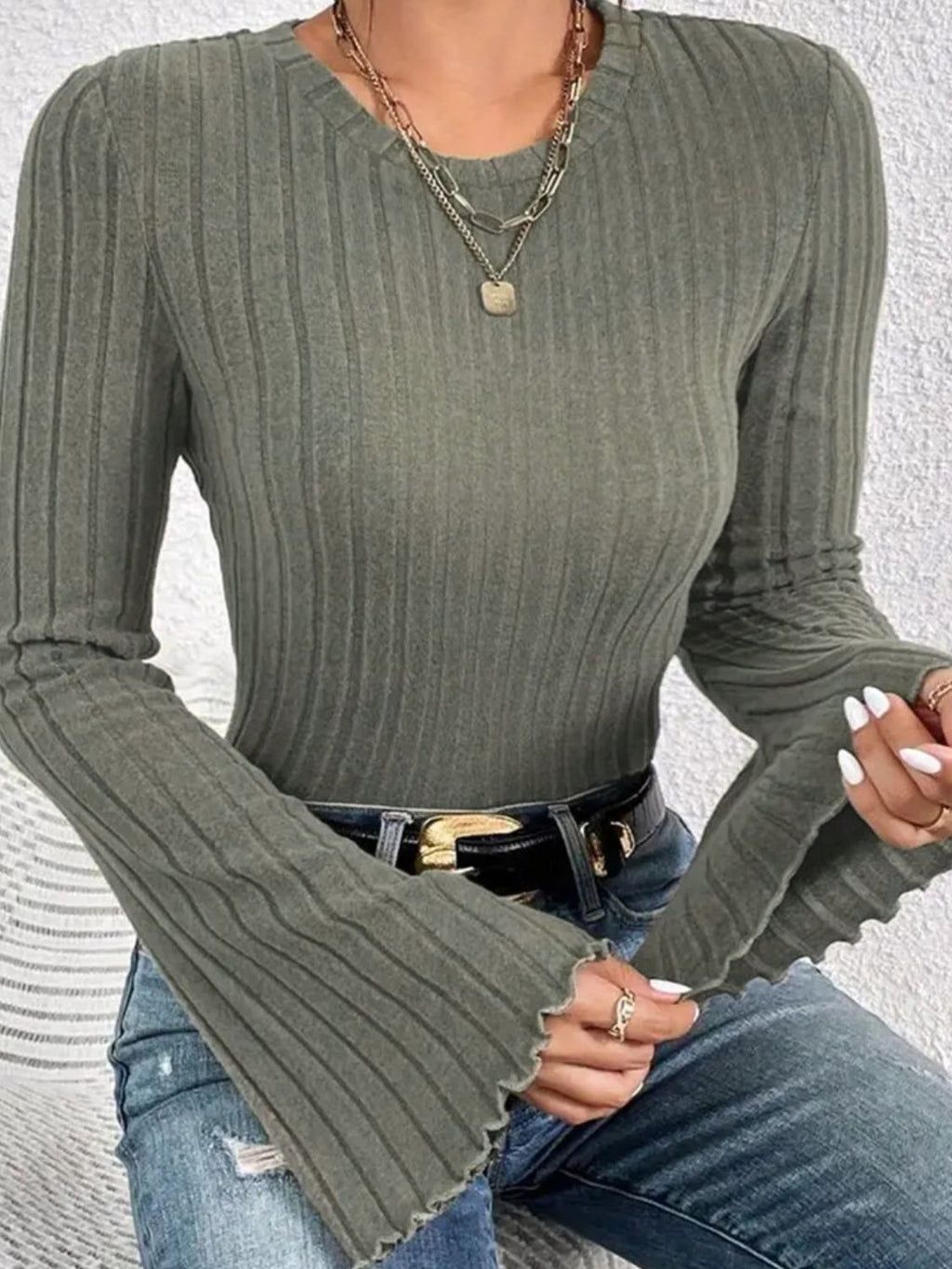 Ribbed Round Neck Flare Sleeve T-Shirt - Siennasass