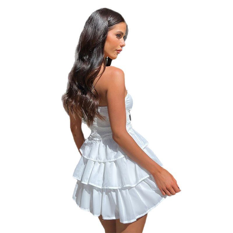 Tube Top Hollow-out Cinched White Cake Dress Damenkleid