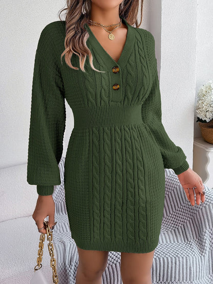 Buttoned Cable-Knit V-Neck Sweater Dress - Siennasass