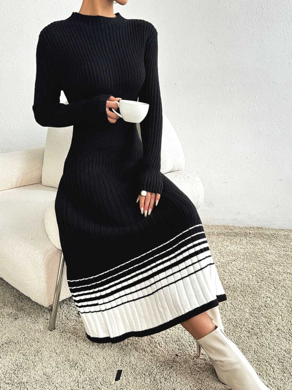 Contrast Mock Neck Long Sleeve Sweater Dress - Siennasass