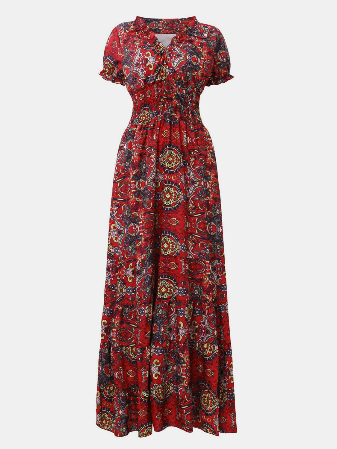 Full Size Smocked Printed V-Neck Short Sleeve Dress - Siennasass