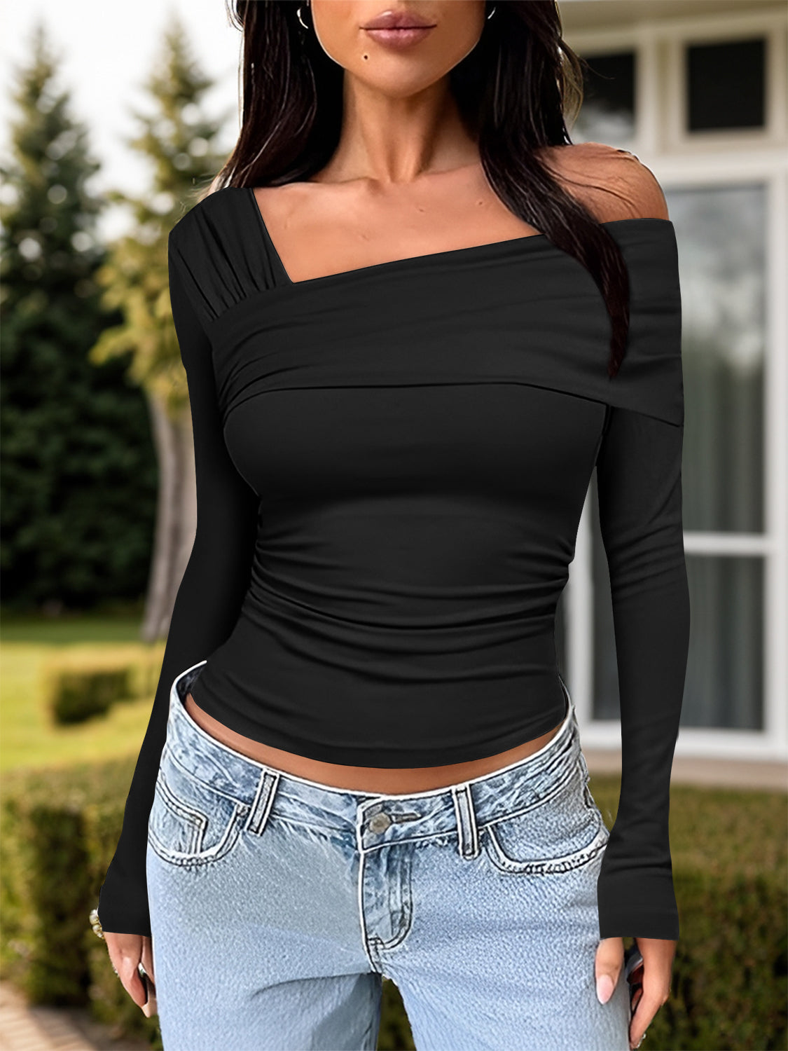 Ruched One Shoulder Long Sleeve T-Shirt - Siennasass