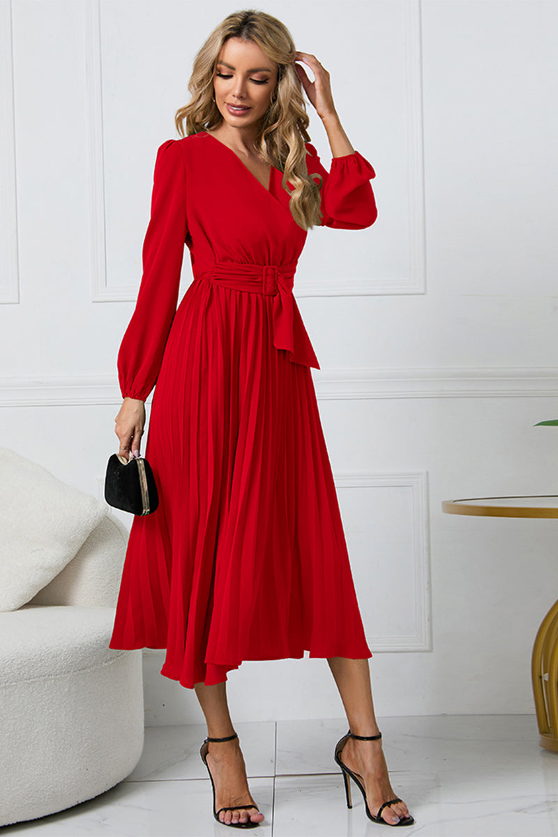 V-Neck Long Sleeve Tie Waist Midi Dress - Siennasass