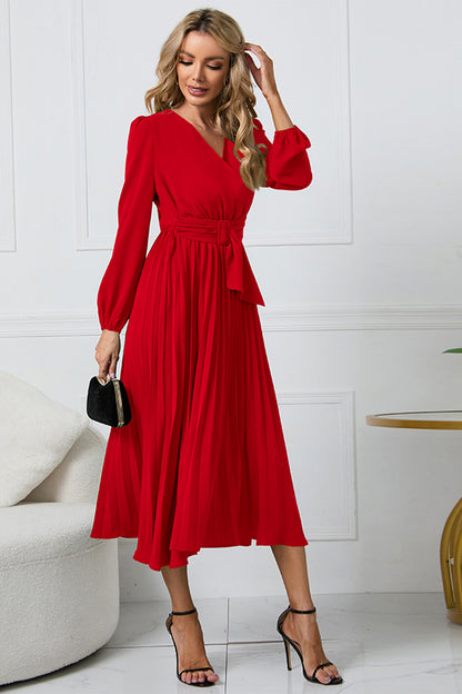 V-Neck Long Sleeve Tie Waist Midi Dress - Siennasass