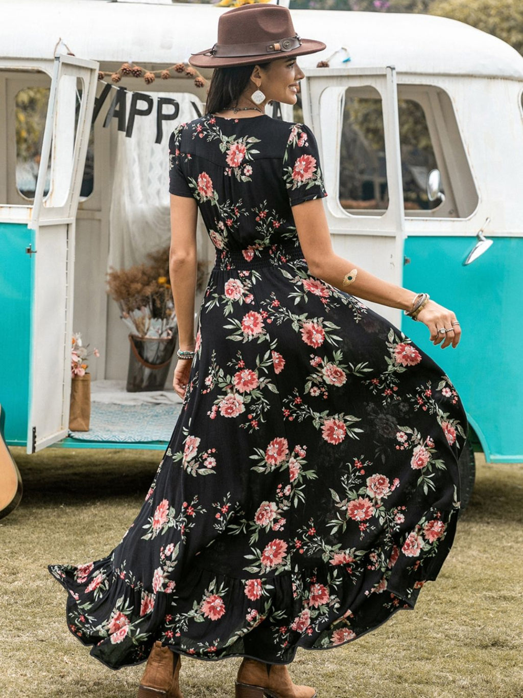 Split Printed V-Neck Short Sleeve Dress - Siennasass