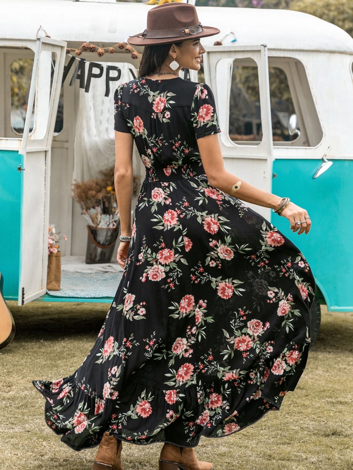 Split Printed V-Neck Short Sleeve Dress - Siennasass