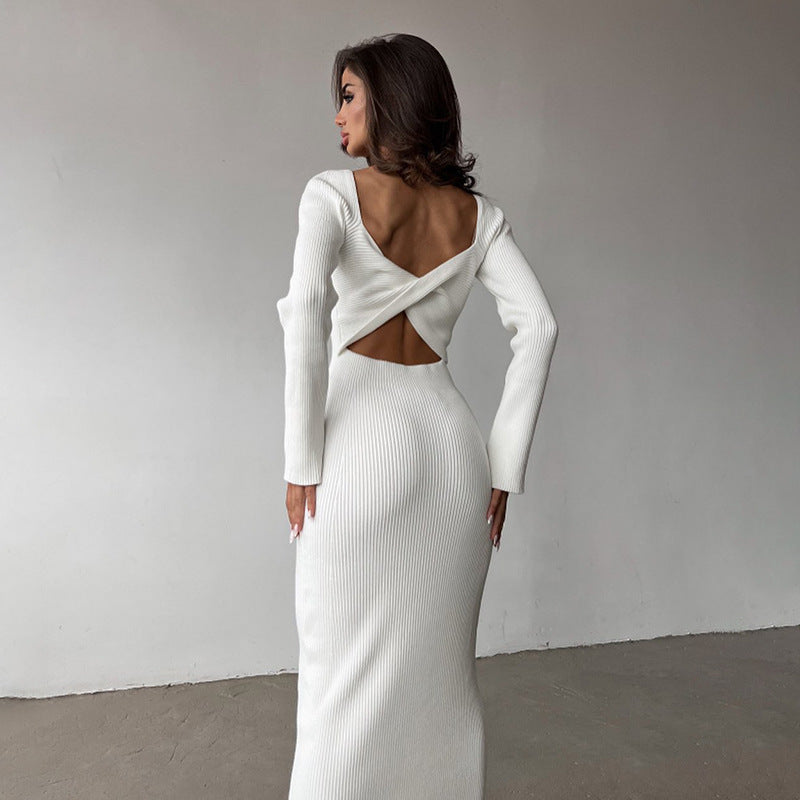 Einfarbiges, langärmliges, elegantes, schmal geschnittenes, hohles, rückenfreies Zwei-Wege-Kleid